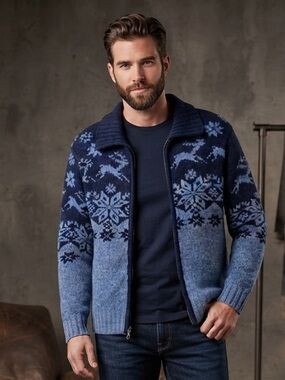 VINTAGE Rafaella Blue Shetland Wool Fair Isle Full Zip Men’s Sweater Size M